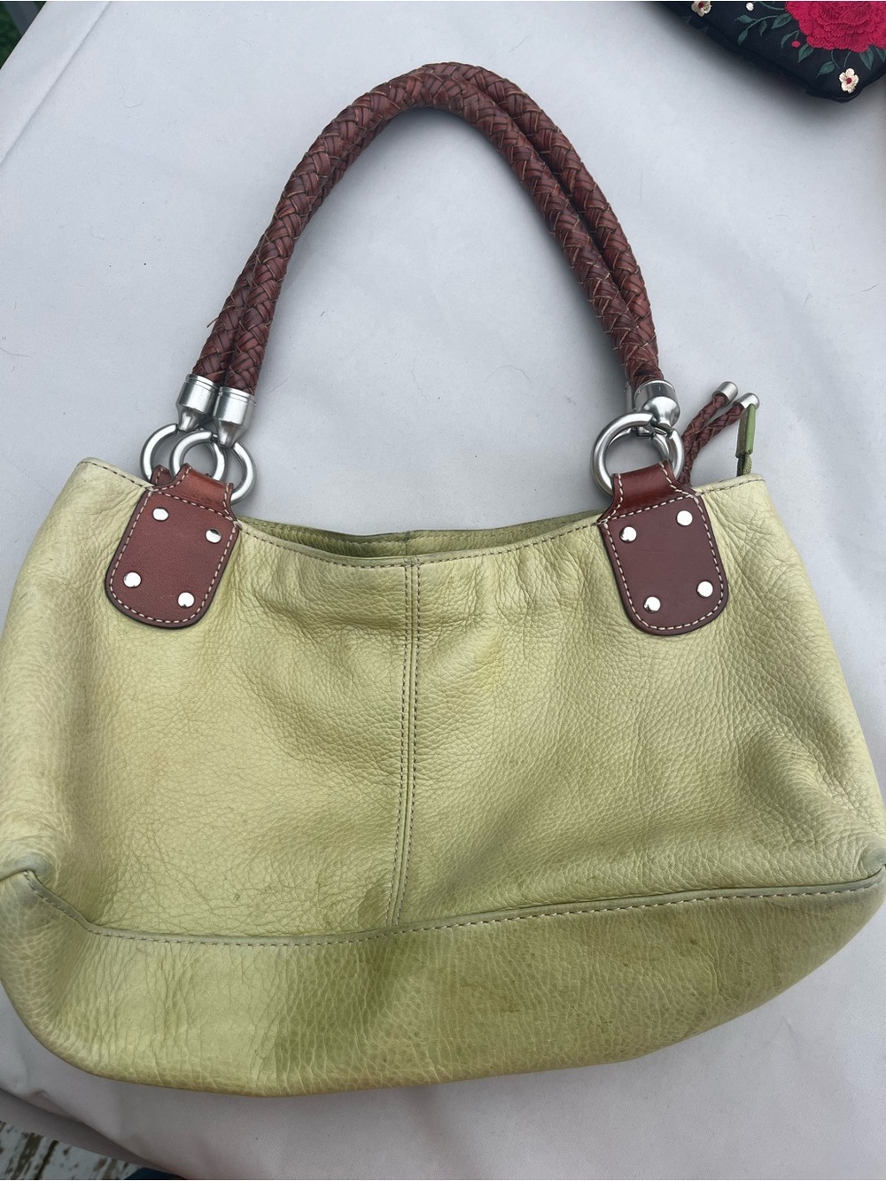 Fossil Leather Shoulder Bag in Light Green with Brown Handles